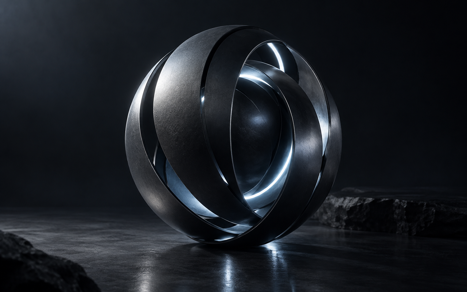 Abstracte metalen bolsculptuur met lichtgloed