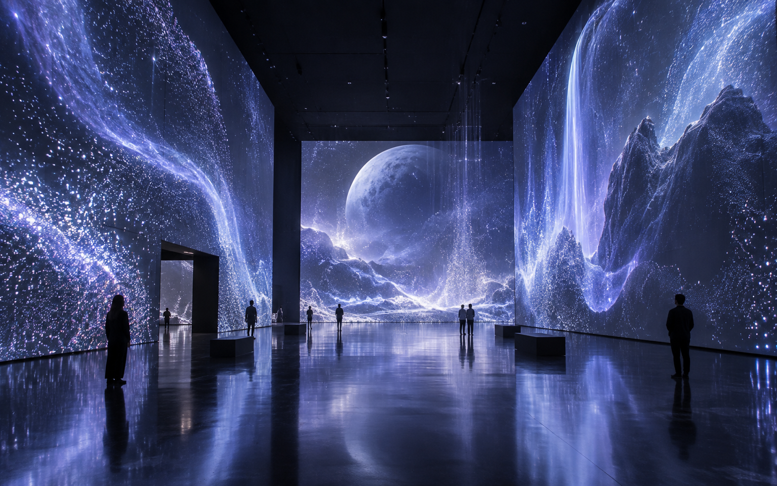 Immersieve kunstinstallatie met sterrenhemel en maan